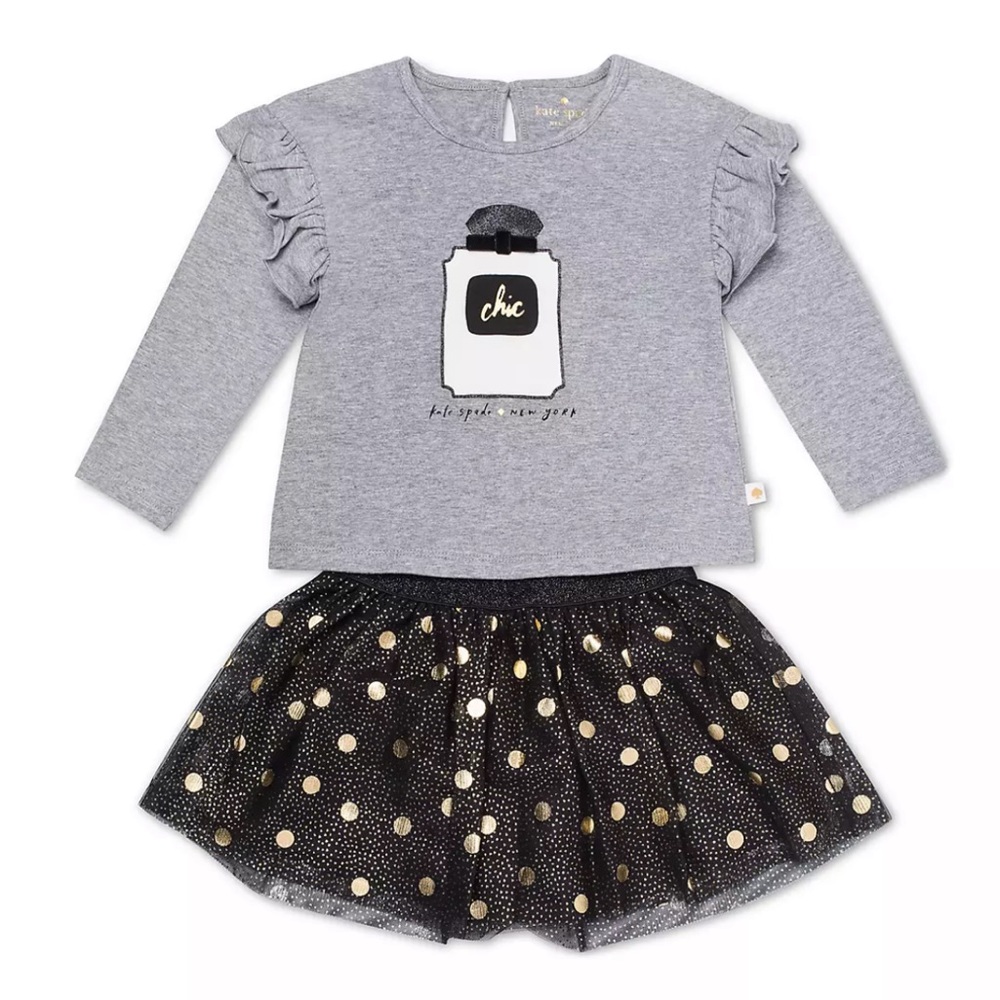 KATE SPADE NEW YORK CHIC RUFFLE-TRIM TOP w/METALLIC POLKA-DOT SKIRT SZ 24 MONTHS